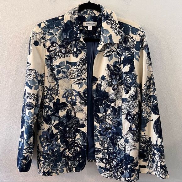 Coldwater Creek Jacket Women Blue And White Print Size 12 Open Front Fully Lined - Picture 1 of 8